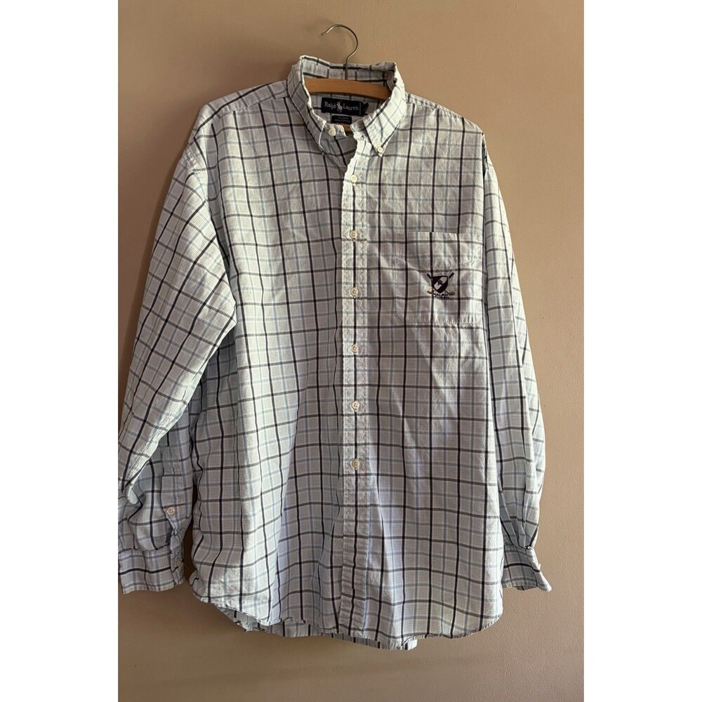 Ralph Lauren Golf Tilden Mens Plaid Dress Shirt 100%‎ Cotton Blue Plaid Size XL
